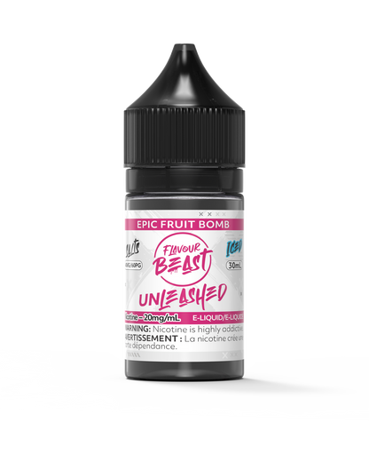 Flavour Beast Unleashed - Epic Fruit Bomb 3mg 30mL bottle, showcasing its vibrant mix of apple, grape, watermelon, strawberry, lemon, and orange flavors.