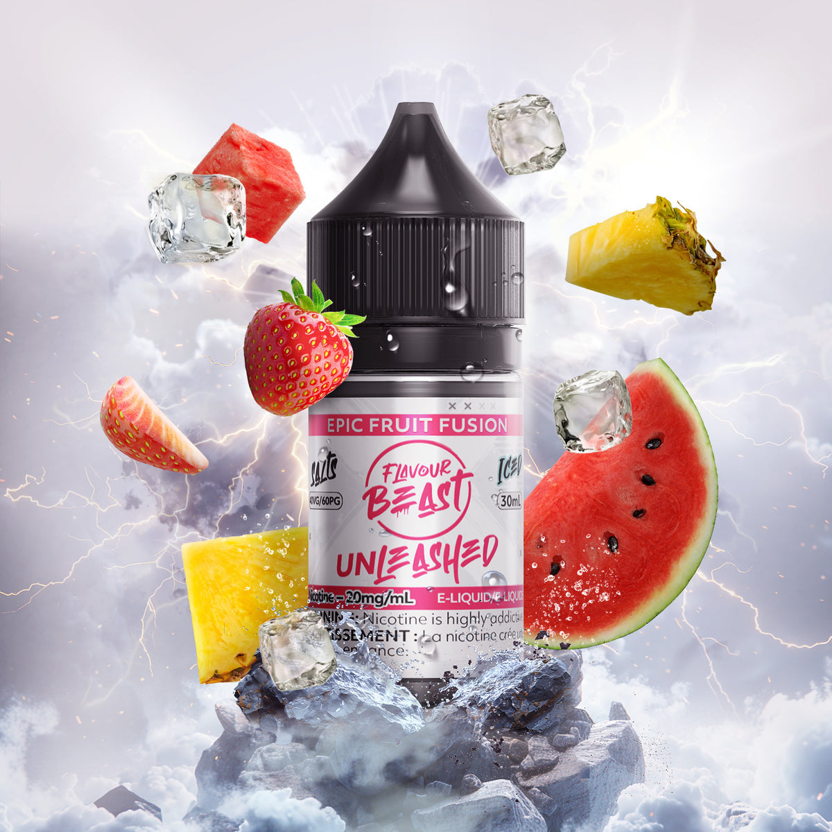 Flavour Beast Unleashed Epic Fruit Fusion 3mg 30mL displayed against a vibrant tropical background, emphasizing its juicy and refreshing profile.