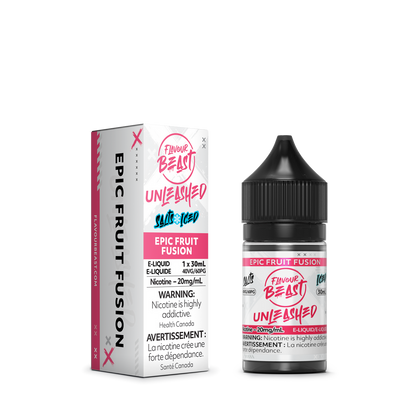 Flavour Beast Unleashed Epic Fruit Fusion with fresh strawberries, pineapple slices, and watermelon cubes, highlighting its tropical fruity taste.