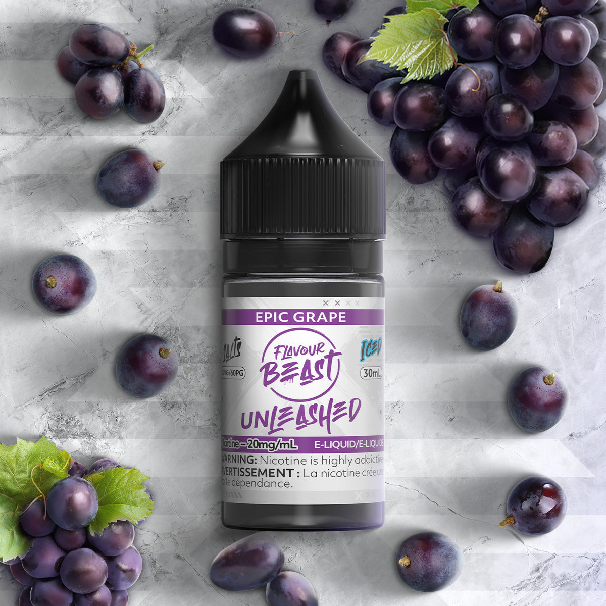 Flavour Beast Unleashed Epic Grape 3mg 30mL displayed against a bold, fruity background, emphasizing its juicy and refreshing grape profile.