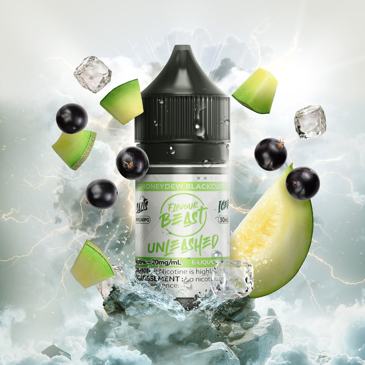 Flavour Beast Unleashed Epic Honeydew Blackcurrant 3mg 30mL displayed against a vibrant, fruity background, emphasizing its refreshing and earthy profile.