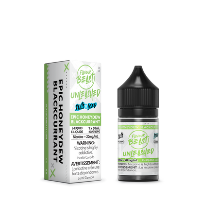 Flavour Beast Unleashed Epic Honeydew Blackcurrant with fresh honeydew slices and blackcurrant berries, highlighting its juicy, fruity taste.