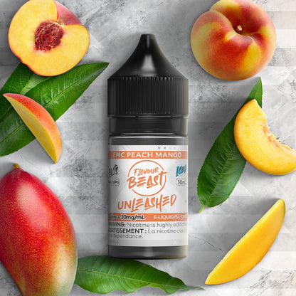 Flavour Beast Unleashed Epic Peach Mango 3mg 30mL displayed against a vibrant, tropical background, emphasizing its rich and juicy profile.