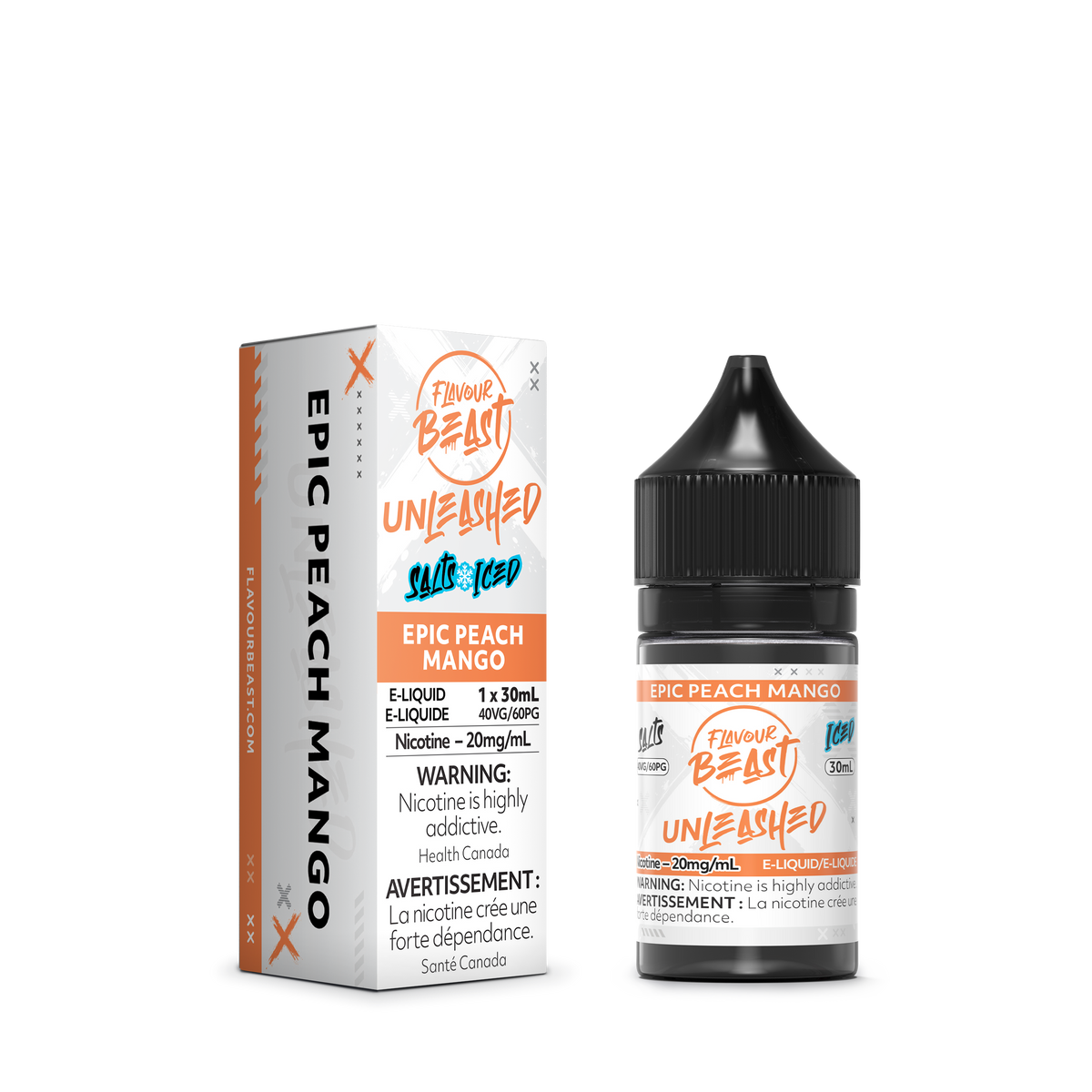 Flavour Beast Unleashed Epic Peach Mango with fresh peach slices and mango cubes, highlighting its tropical, fruity taste.