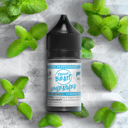 Flavour Beast Unleashed Epic Peppermint 3mg 30mL displayed against an icy, mint-themed background, emphasizing its bold and refreshing profile.