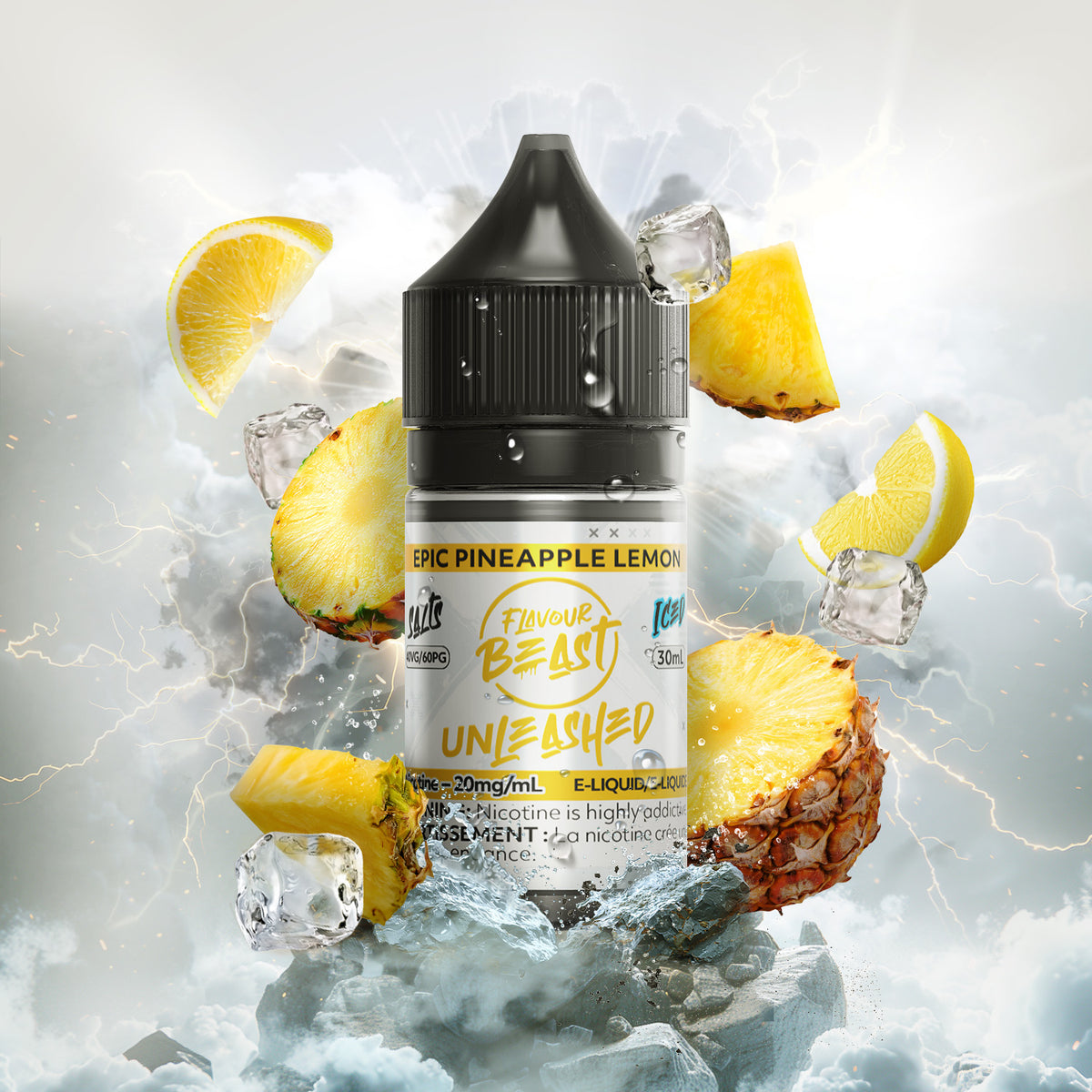 Flavour Beast Unleashed Epic Pineapple Lemon 3mg 30mL displayed against a tropical, citrus-themed background, emphasizing its bold and refreshing profile.