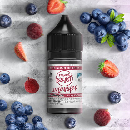 Flavour Beast Unleashed Epic Sour Berries 3mg 30mL displayed against a vibrant, berry-themed background, emphasizing its juicy and tangy profile.