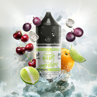 Flavour Beast Unleashed Epic Sour Fruit G 3mg 30mL displayed against a vibrant, citrus-themed background with frosty effects, emphasizing its bold and refreshing profile.