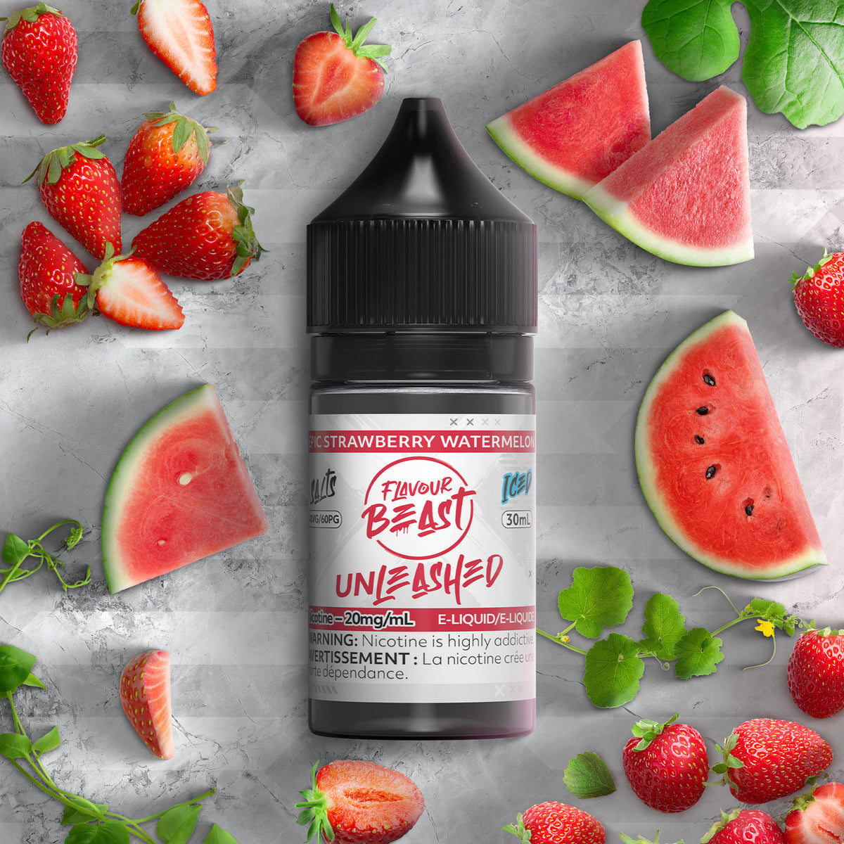 Flavour Beast Unleashed Epic Strawberry Watermelon 3mg 30mL displayed against a summer-themed background, emphasizing its bright and juicy profile.