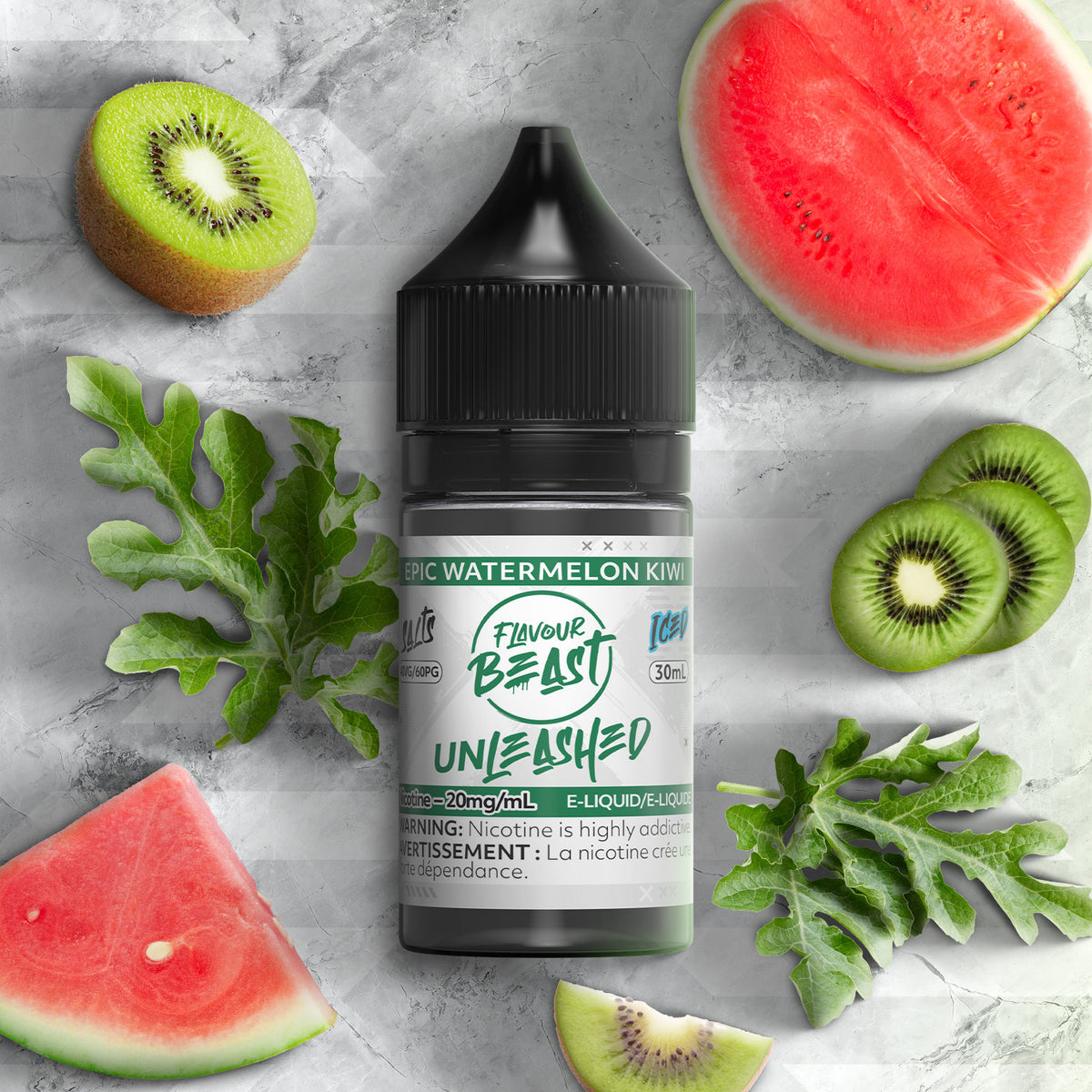 Flavour Beast Unleashed Epic Watermelon Kiwi 3mg 30mL displayed against a tropical background, emphasizing its bold and tangy profile.