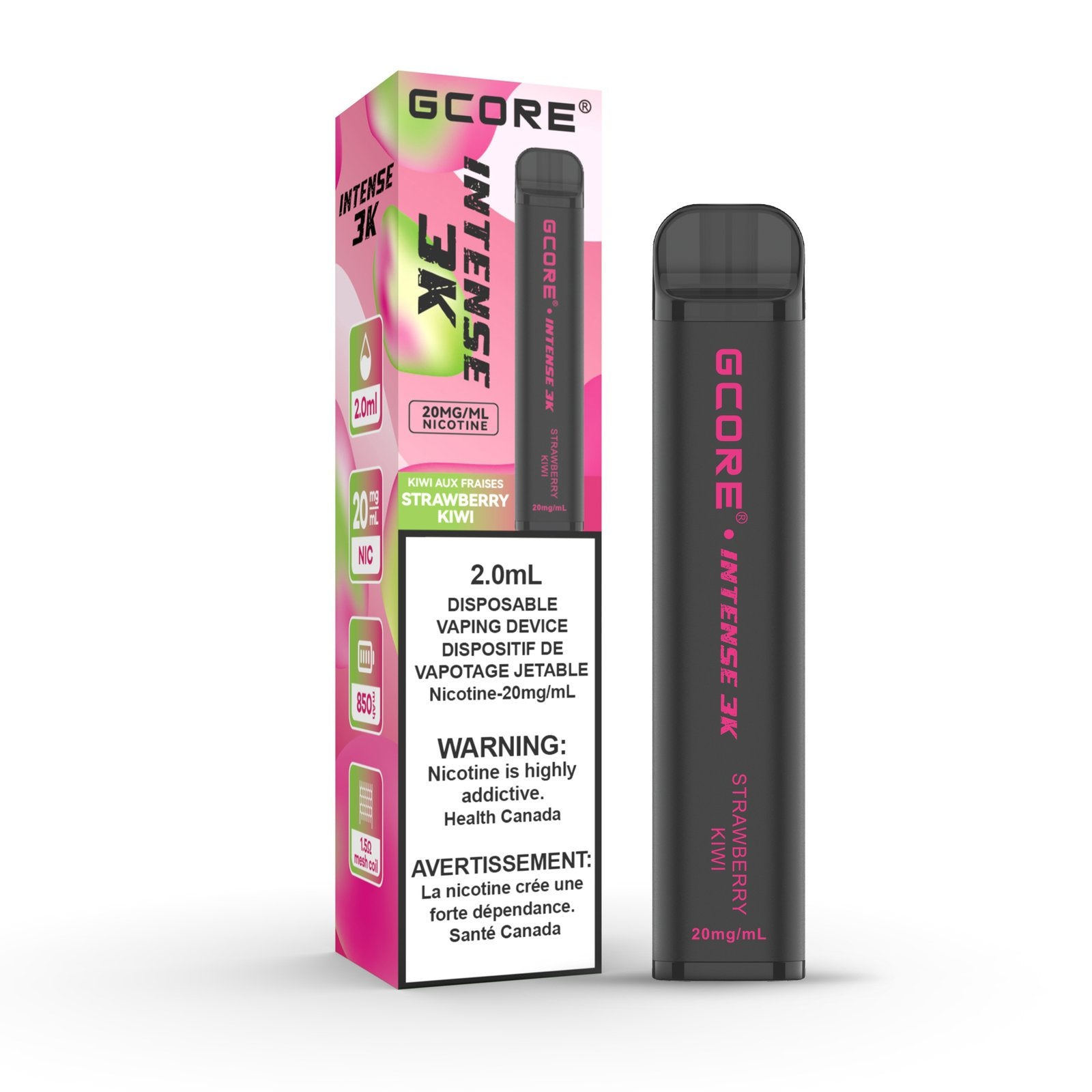 GCore Intense 3K Strawberry Kiwi Disposable Vape 20mg 2mL, blending ripe strawberries and tangy kiwi for a sweet and tart vape.