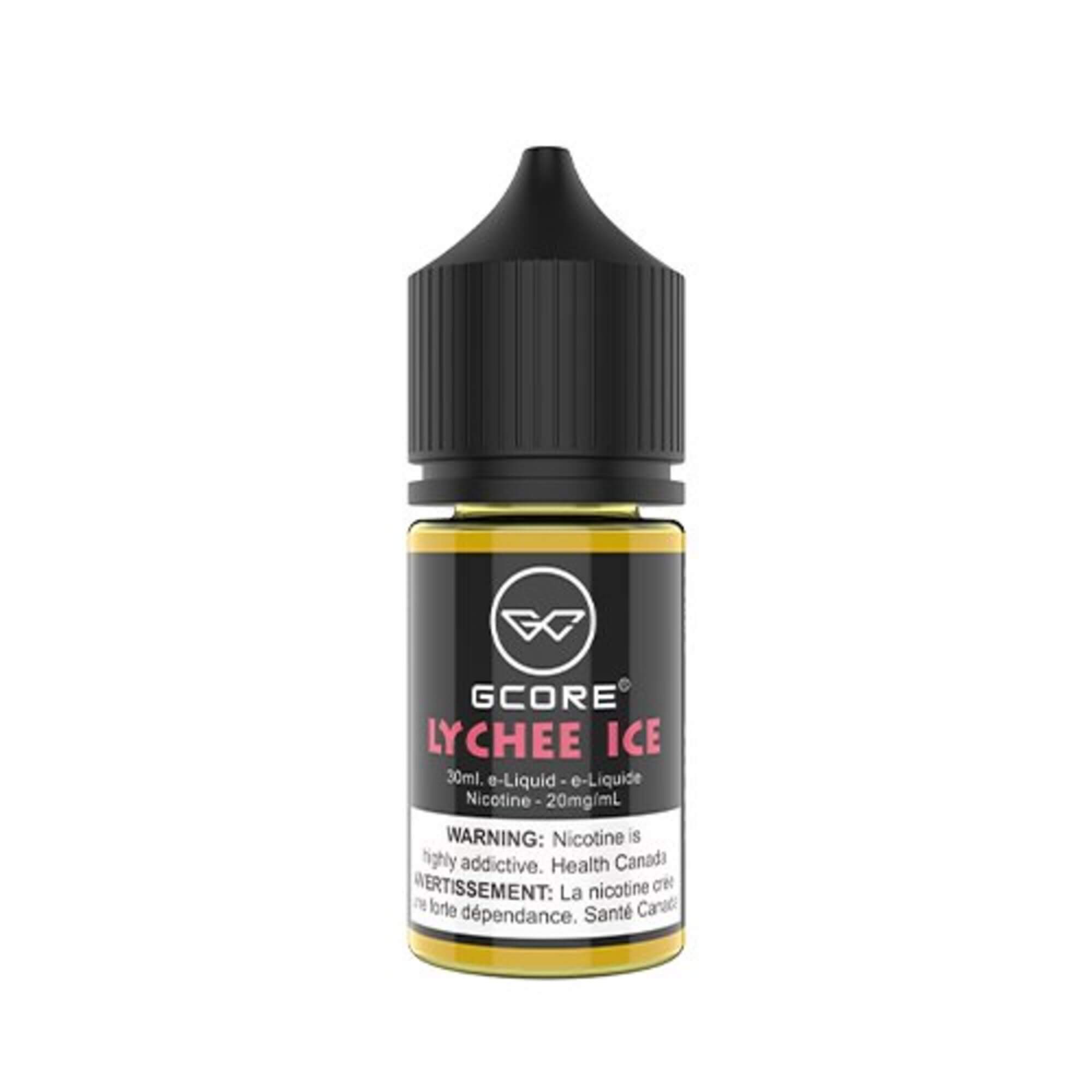 GCore Salt E-Juice - Lychee Ice 20mg 30ml bottle up close, showcasing sleek design and tropical lychee flavor.