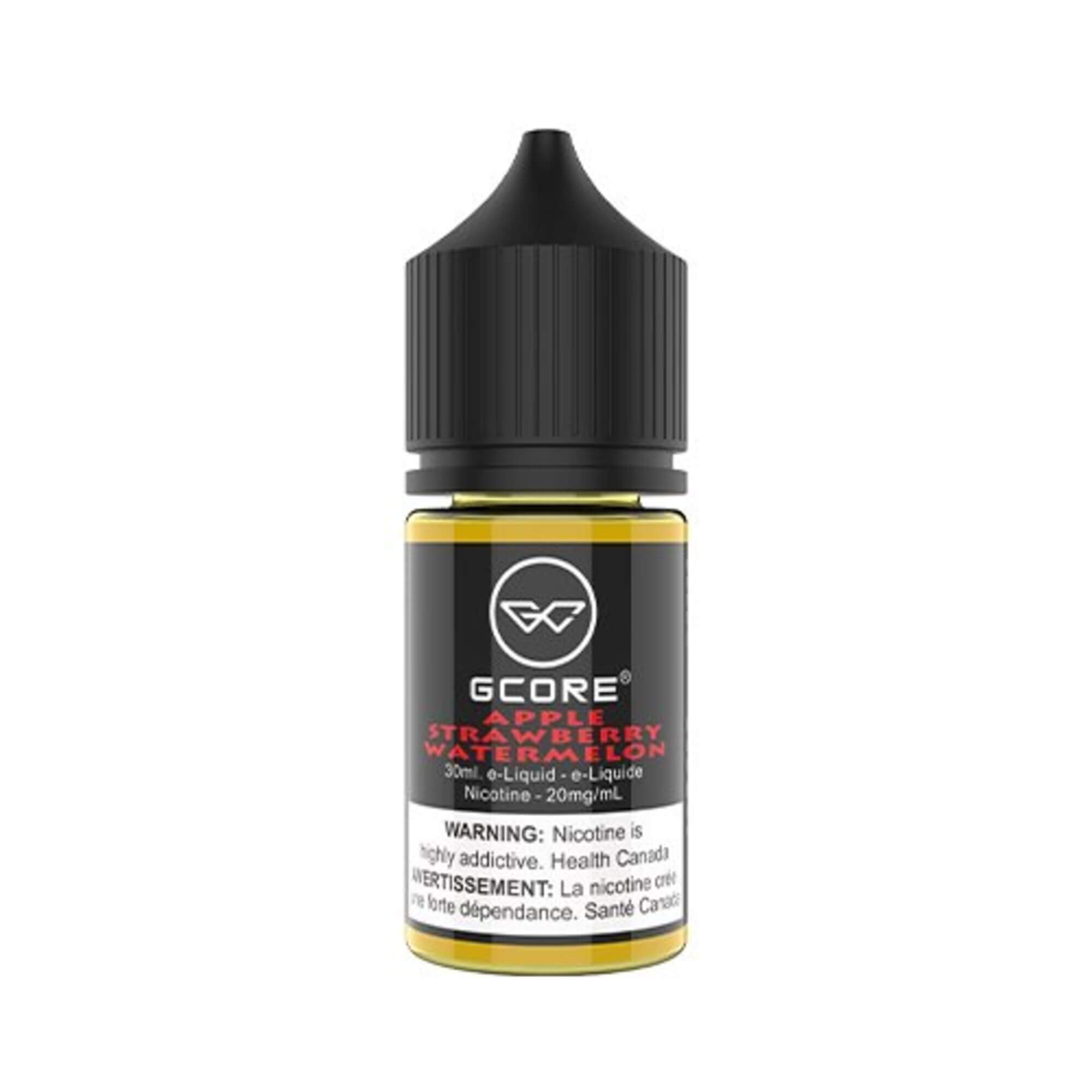 GCore Salt E-Juice - Apple Strawberry Watermelon 20mg 30ml bottle up close, showcasing sleek design and vibrant fruit flavors.