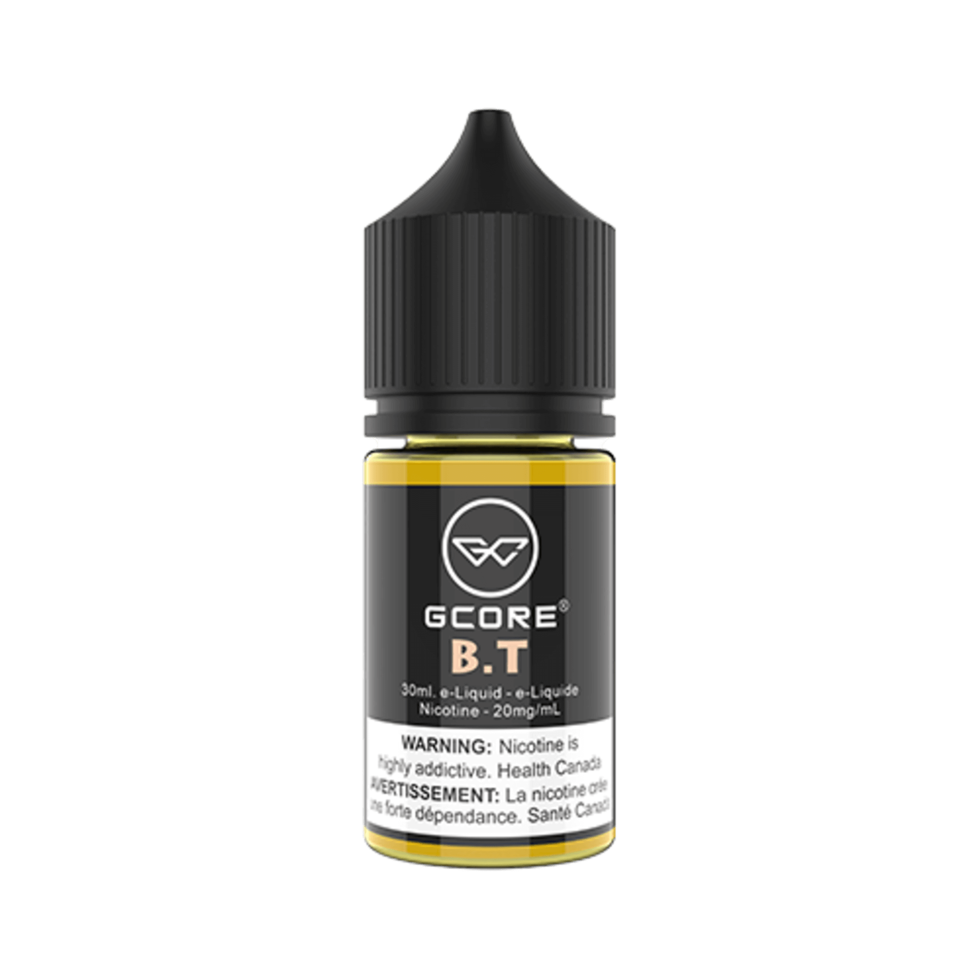 GCore Salt E-Juice - BT (Bubble Tea) 20mg 30ml bottle up close, showcasing sleek design and creamy milk tea flavor.