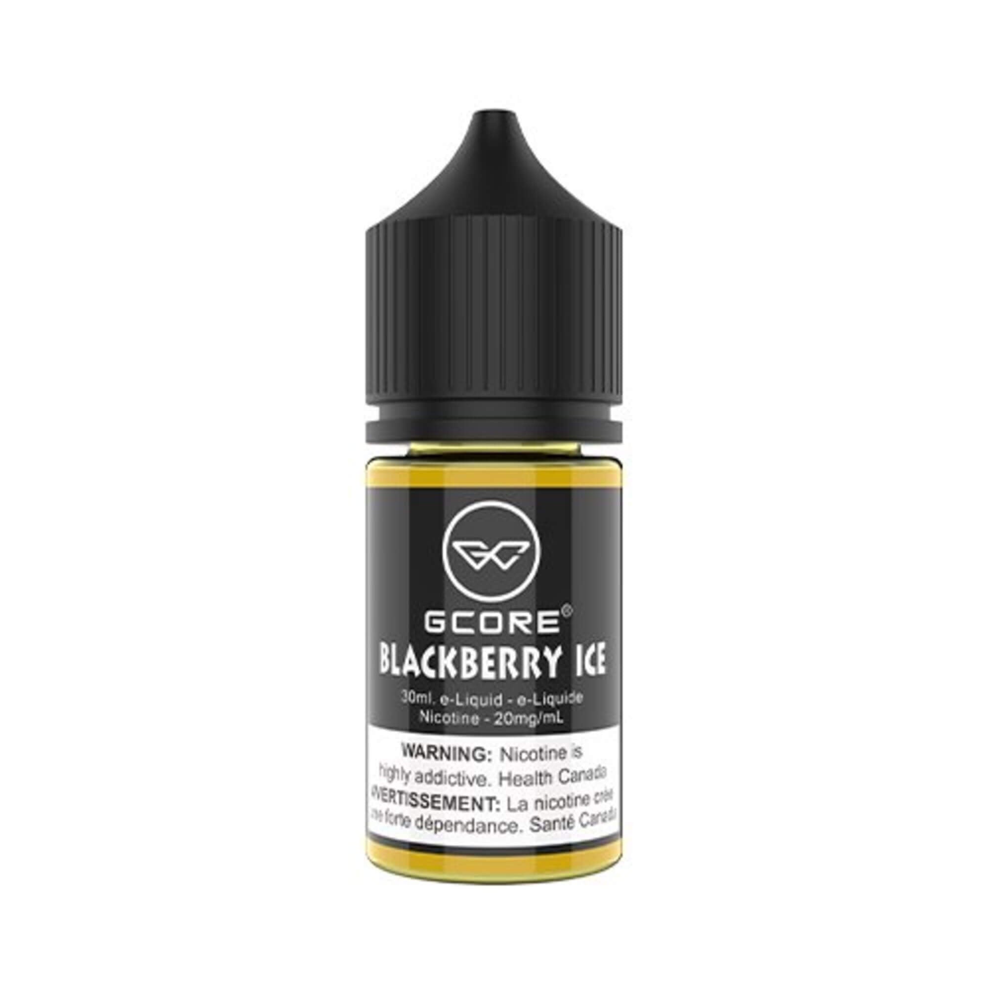 GCore Salt E-Juice - Blackberry Ice 20mg 30ml bottle up close, showcasing sleek design and bold blackberry flavor.