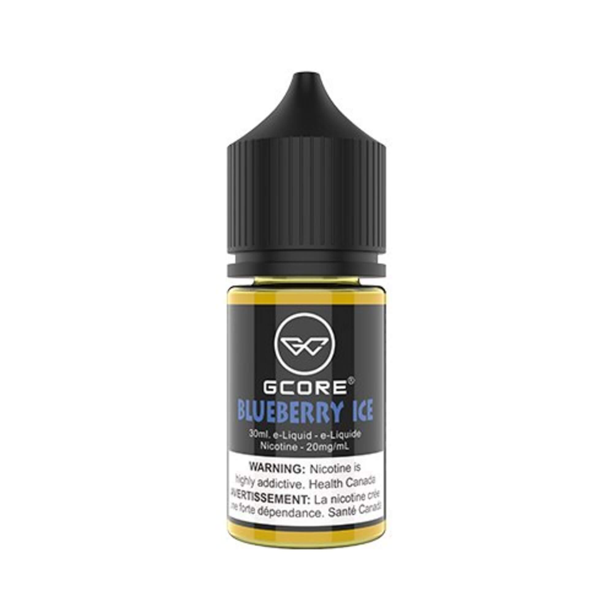 GCore Salt E-Juice - Blueberry Ice 20mg 30ml bottle up close, showcasing sleek design and bold blueberry flavor.