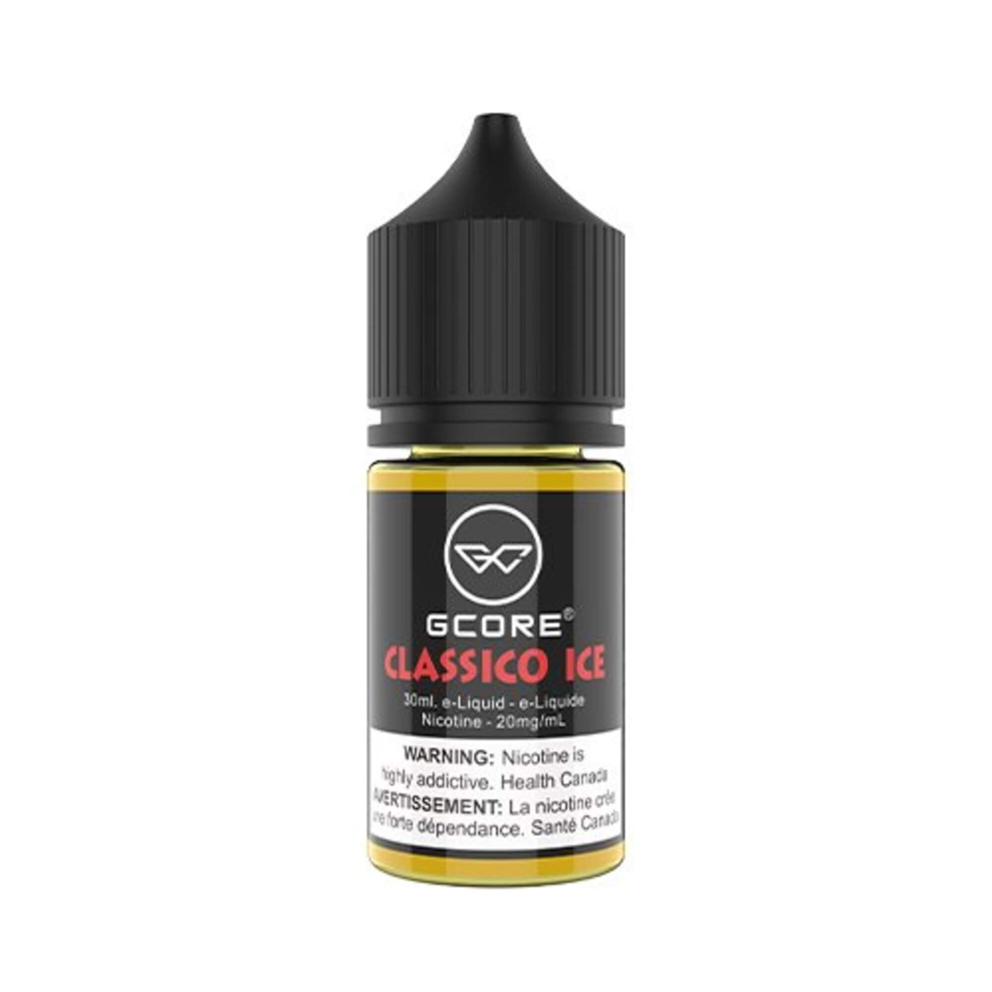 GCore Salt E-Juice - Classico Ice 20mg 30ml bottle up close, showcasing sleek design and classic cola flavor.