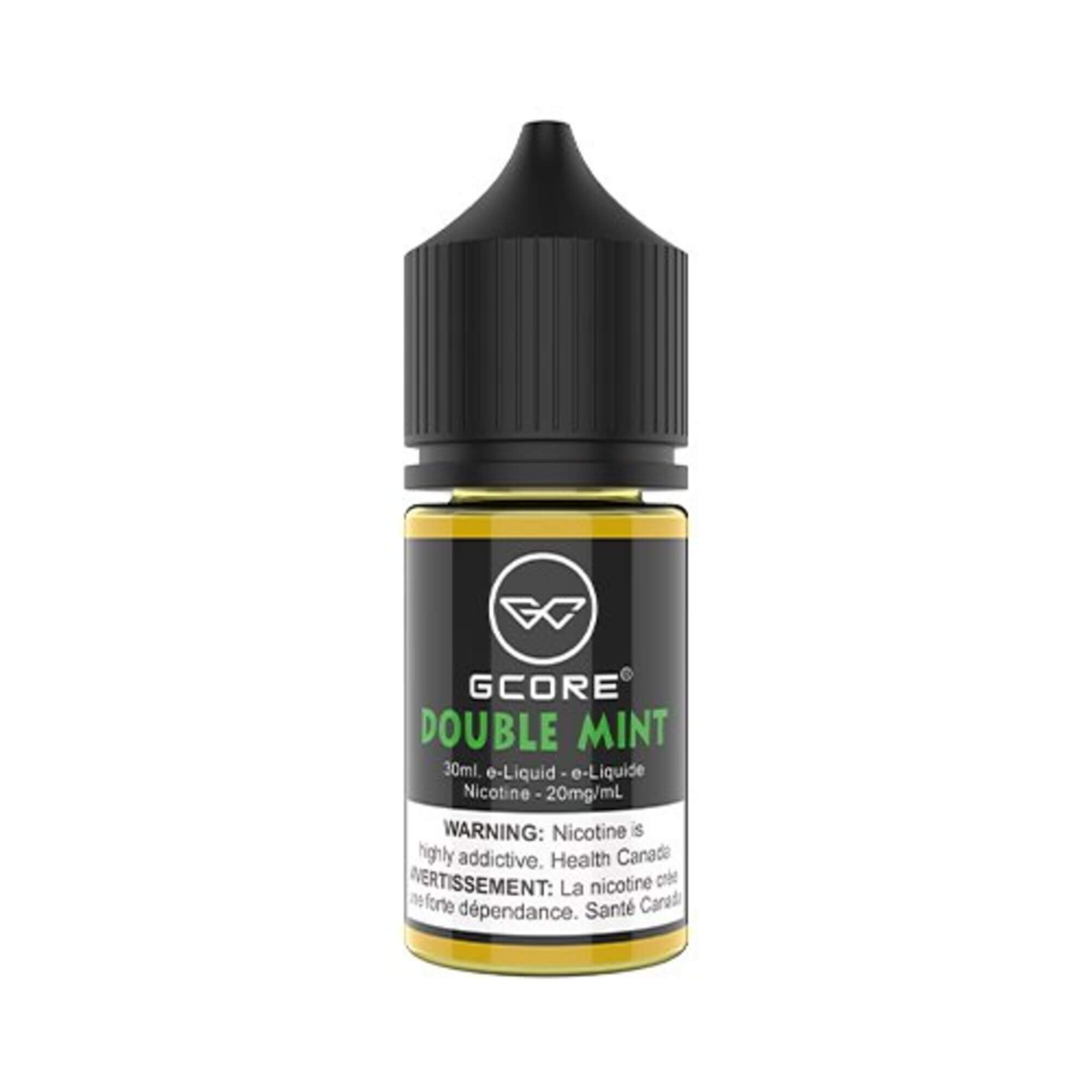 GCore Salt E-Juice - Double Mint 20mg 30ml bottle up close, showcasing sleek design and crisp mint flavor.