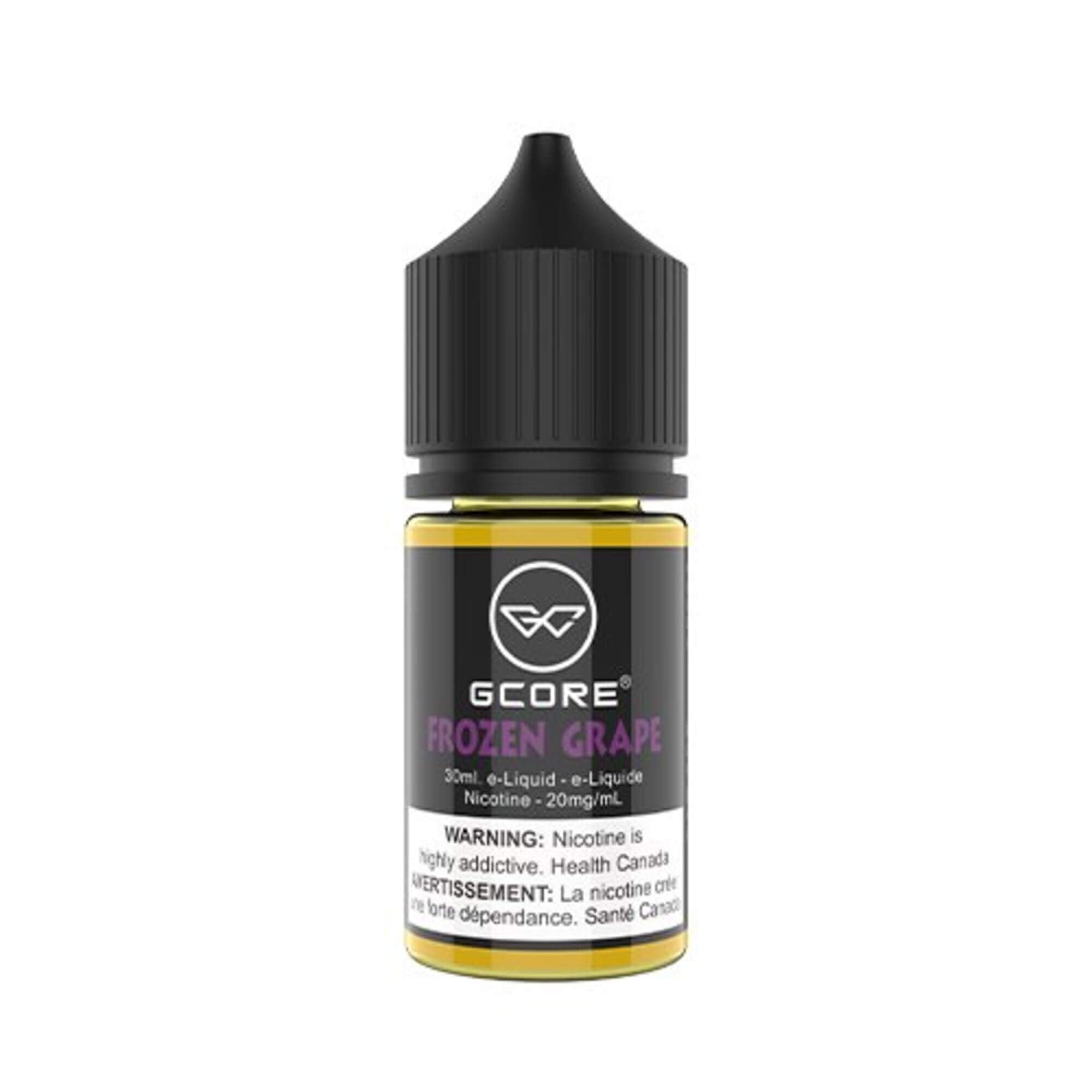 GCore Salt E-Juice - Frozen Grape 20mg 30ml bottle up close, showcasing sleek design and bold grape flavor.