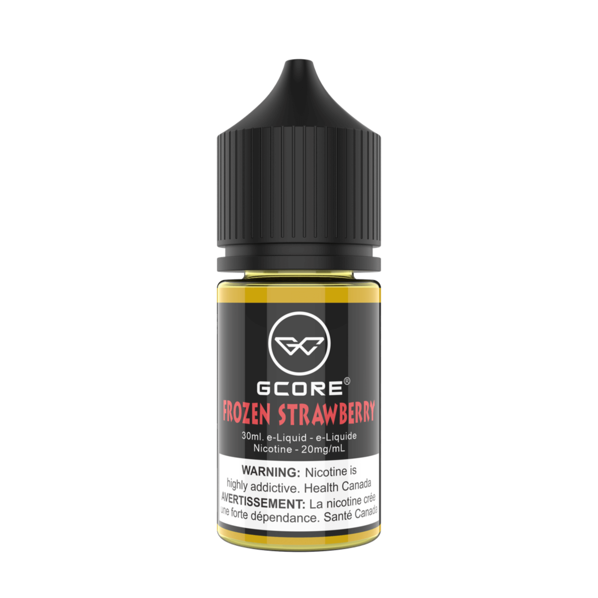 GCore Salt E-Juice - Frozen Strawberry 20mg 30ml bottle up close, showcasing sleek design and bold strawberry flavor.