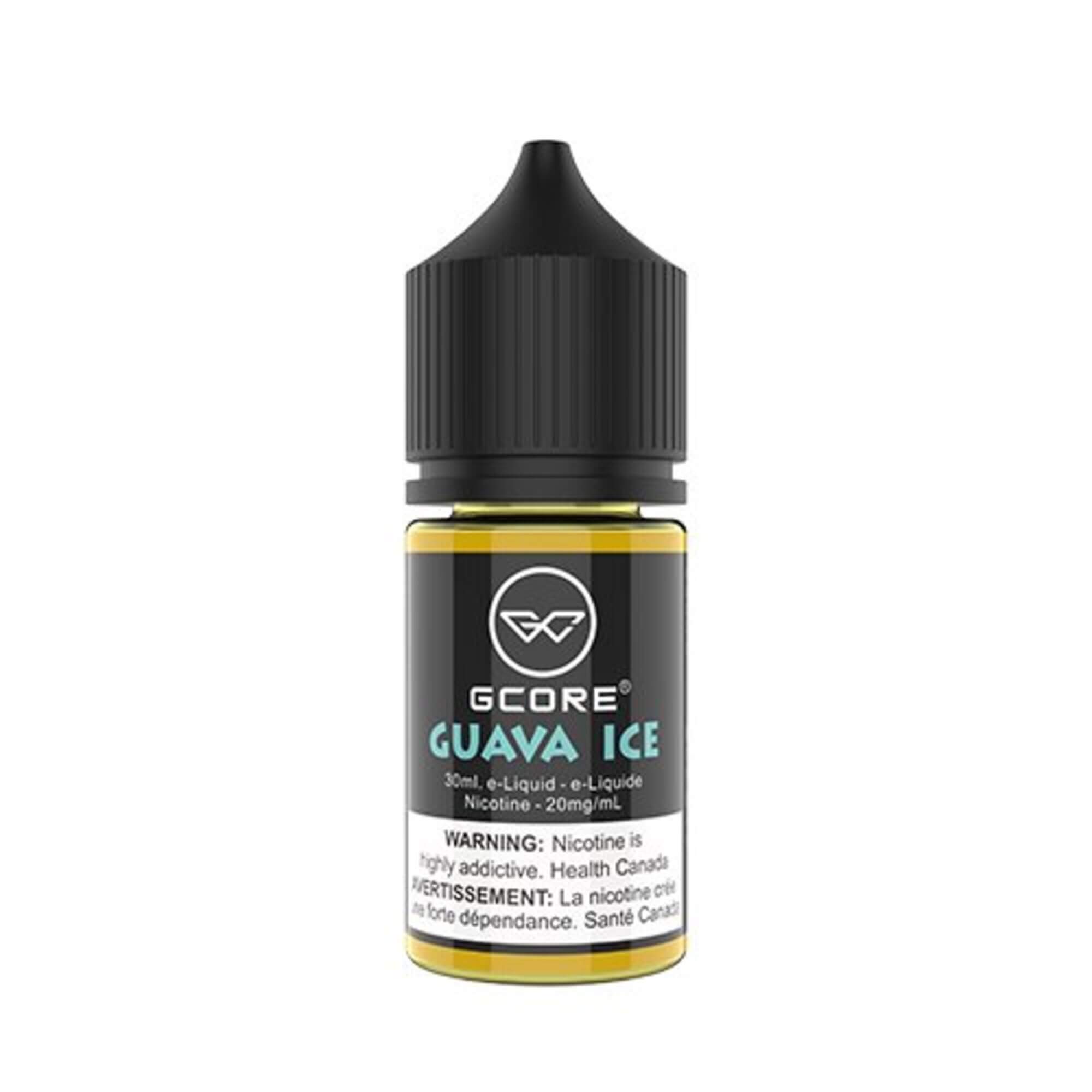 GCore Salt E-Juice - Guava Ice 20mg 30ml bottle up close, showcasing sleek design and tropical guava flavor.