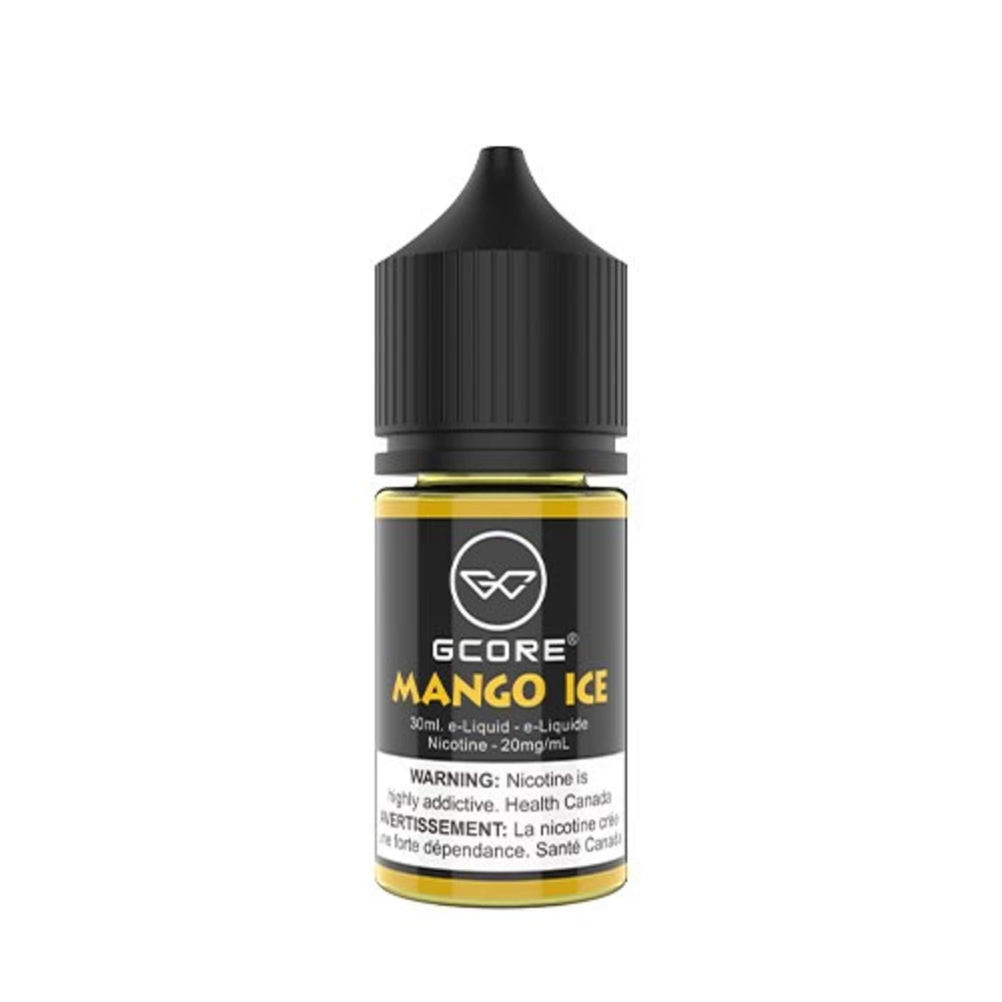 GCore Salt E-Juice - Mango Ice 20mg 30ml bottle up close, showcasing sleek design and tropical mango flavor.