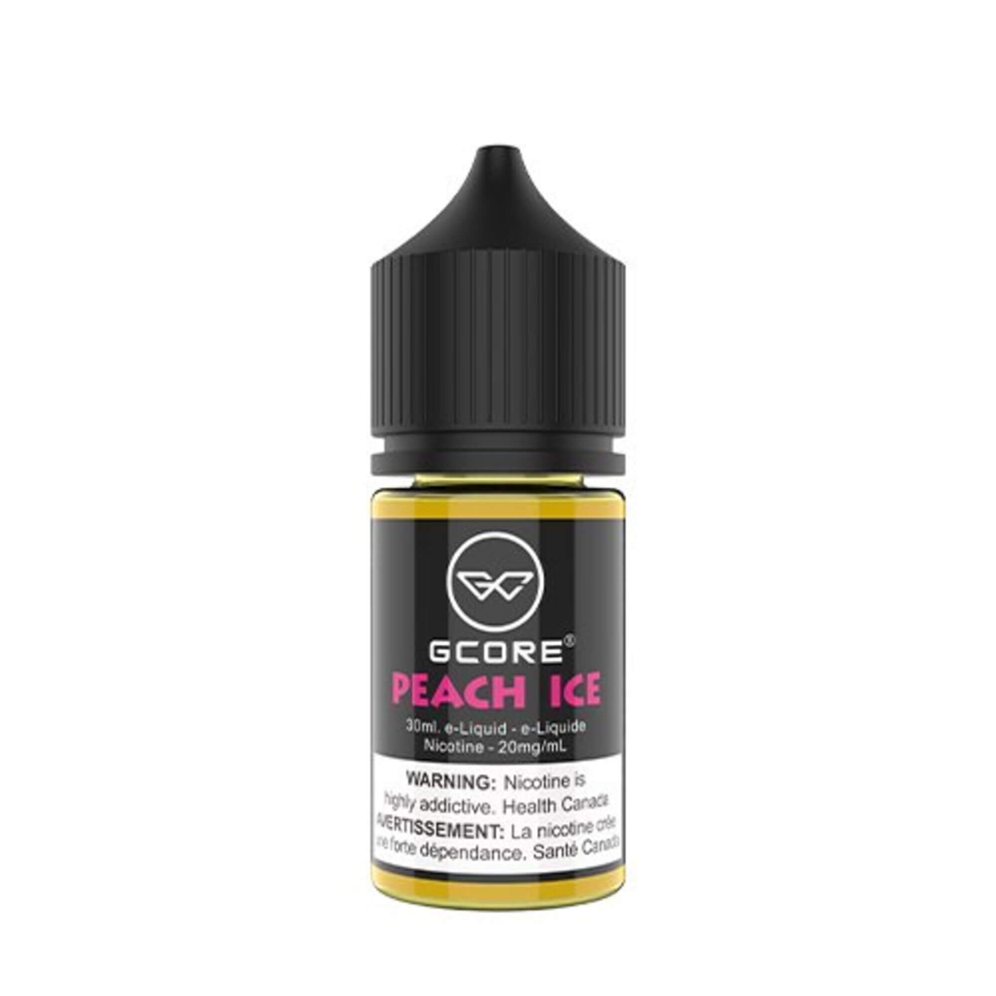 GCore Salt E-Juice - Peach Ice 20mg 30ml bottle up close, showcasing sleek design and juicy peach flavor.