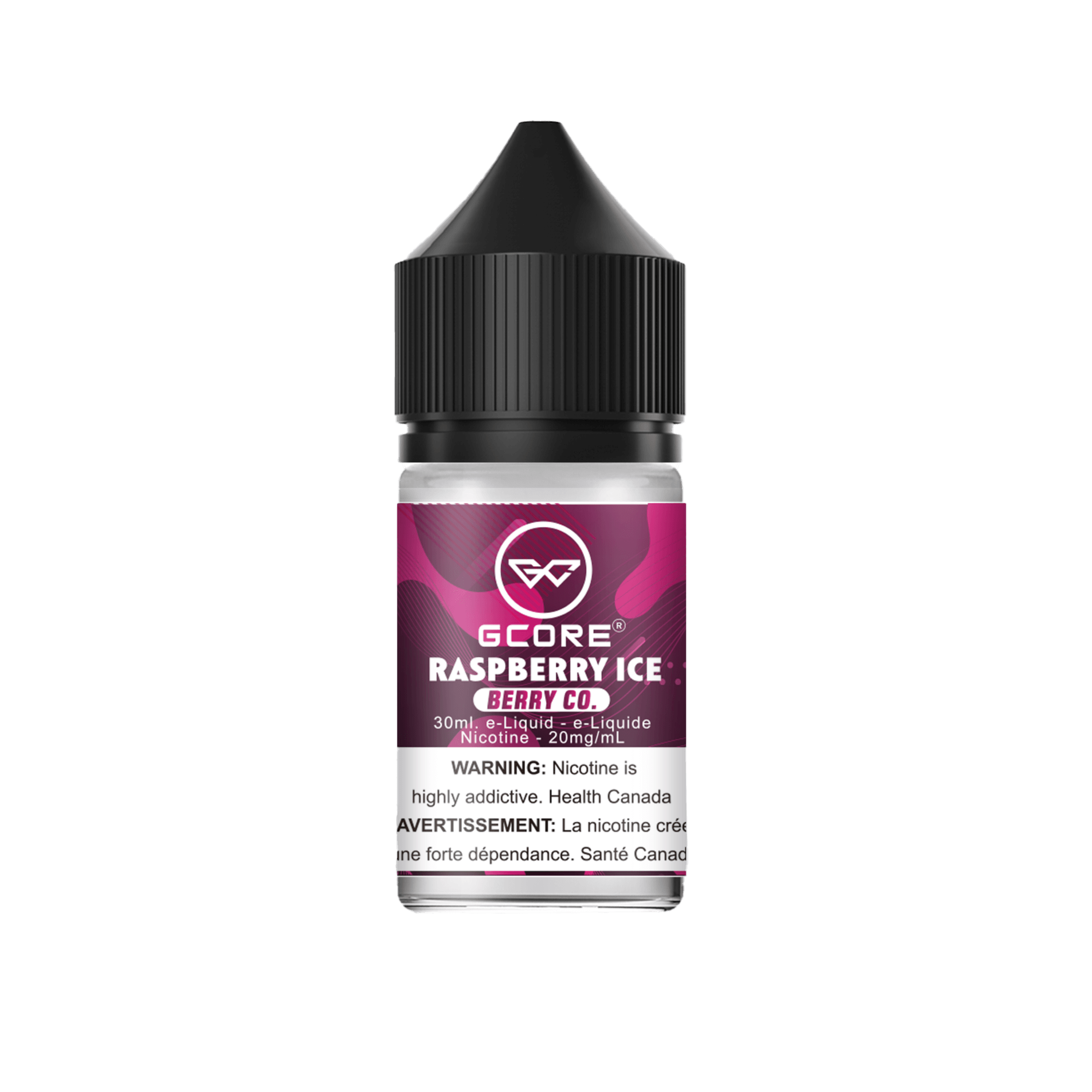 GCore Salt E-Juice - Raspberry Ice 20mg 30ml bottle up close, showcasing sleek design and vibrant raspberry flavor.