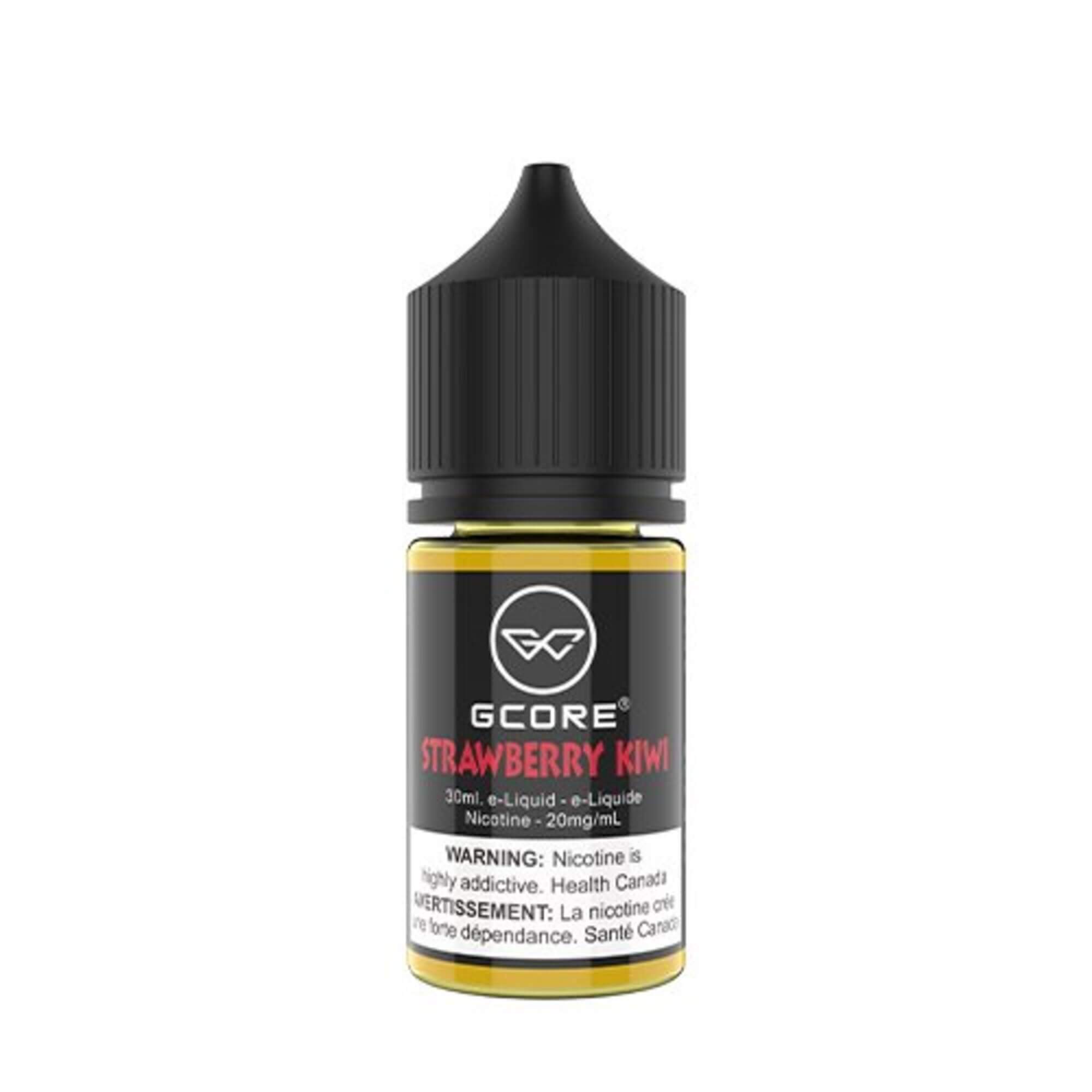 Strawberry Kiwi GCore Salt E-Juice 20mg 30ml bottle up close, showcasing sleek design and vibrant fruit flavors.