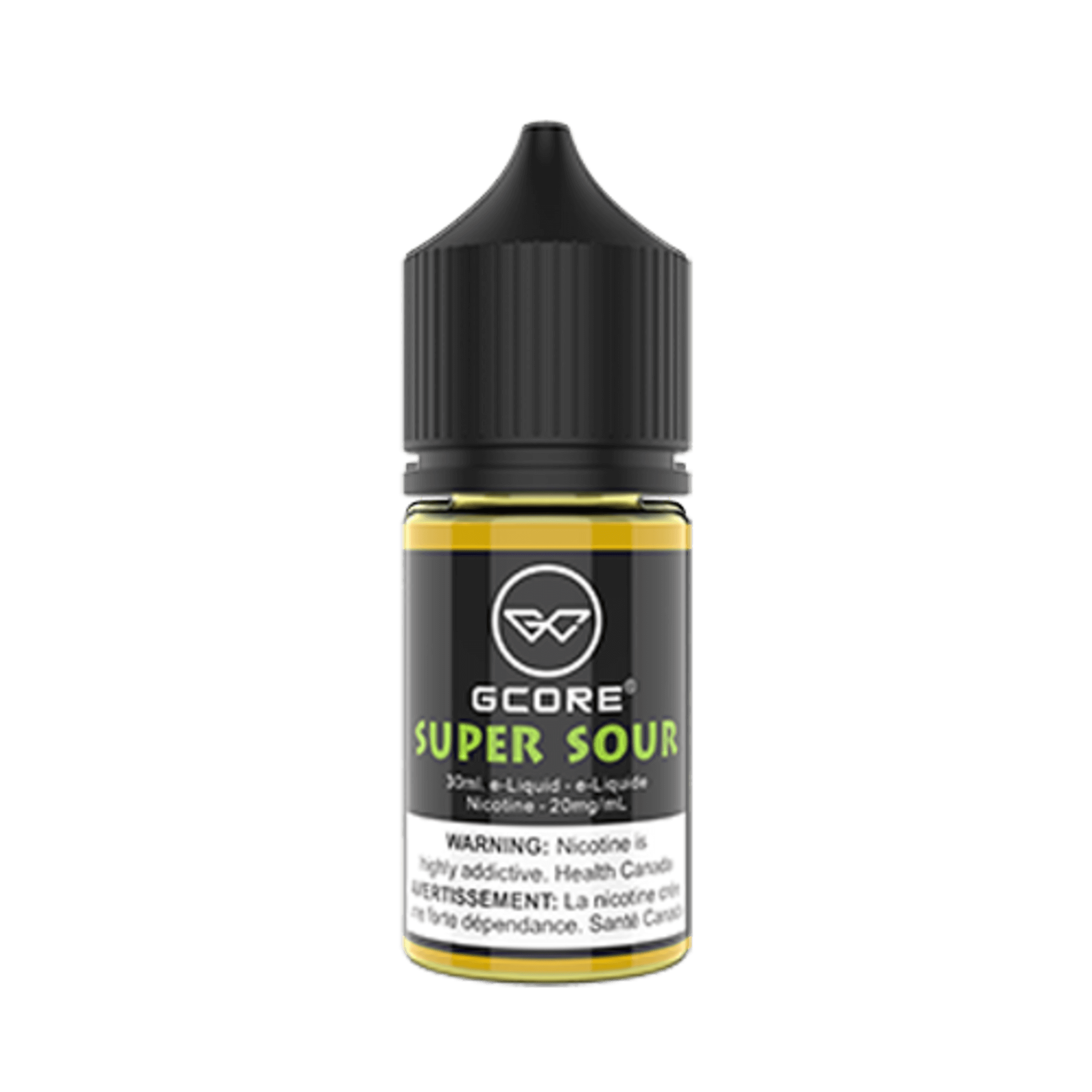 Super Sour GCore Salt E-Juice 20mg 30ml bottle up close, showcasing sleek design and bold sour flavor.