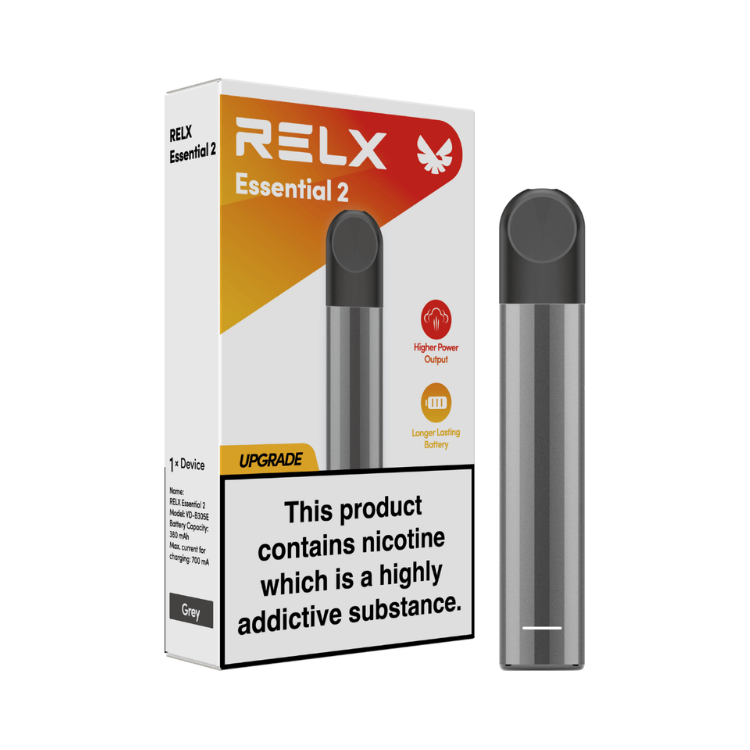 RELX Essential 2 grey vaping device and packaging on a white background