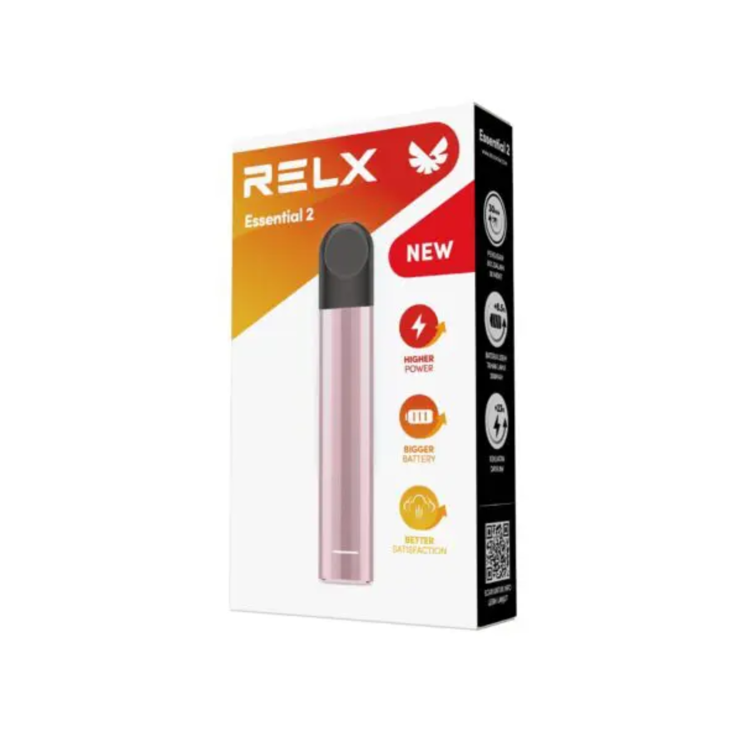 RELX Essential 2 pink vaping device packaging on a white background