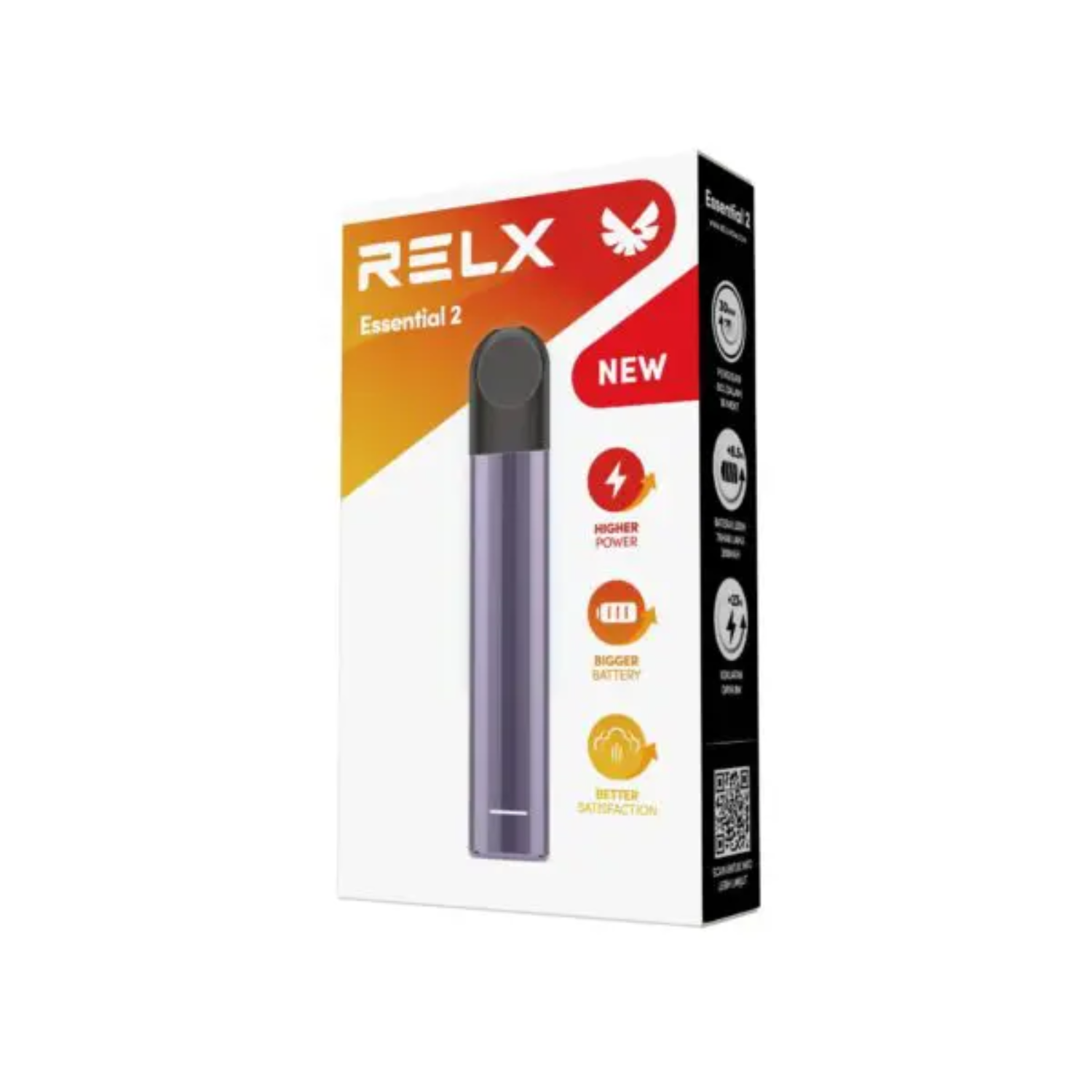 relx essential 2 purple vaping device packaging on a white background
