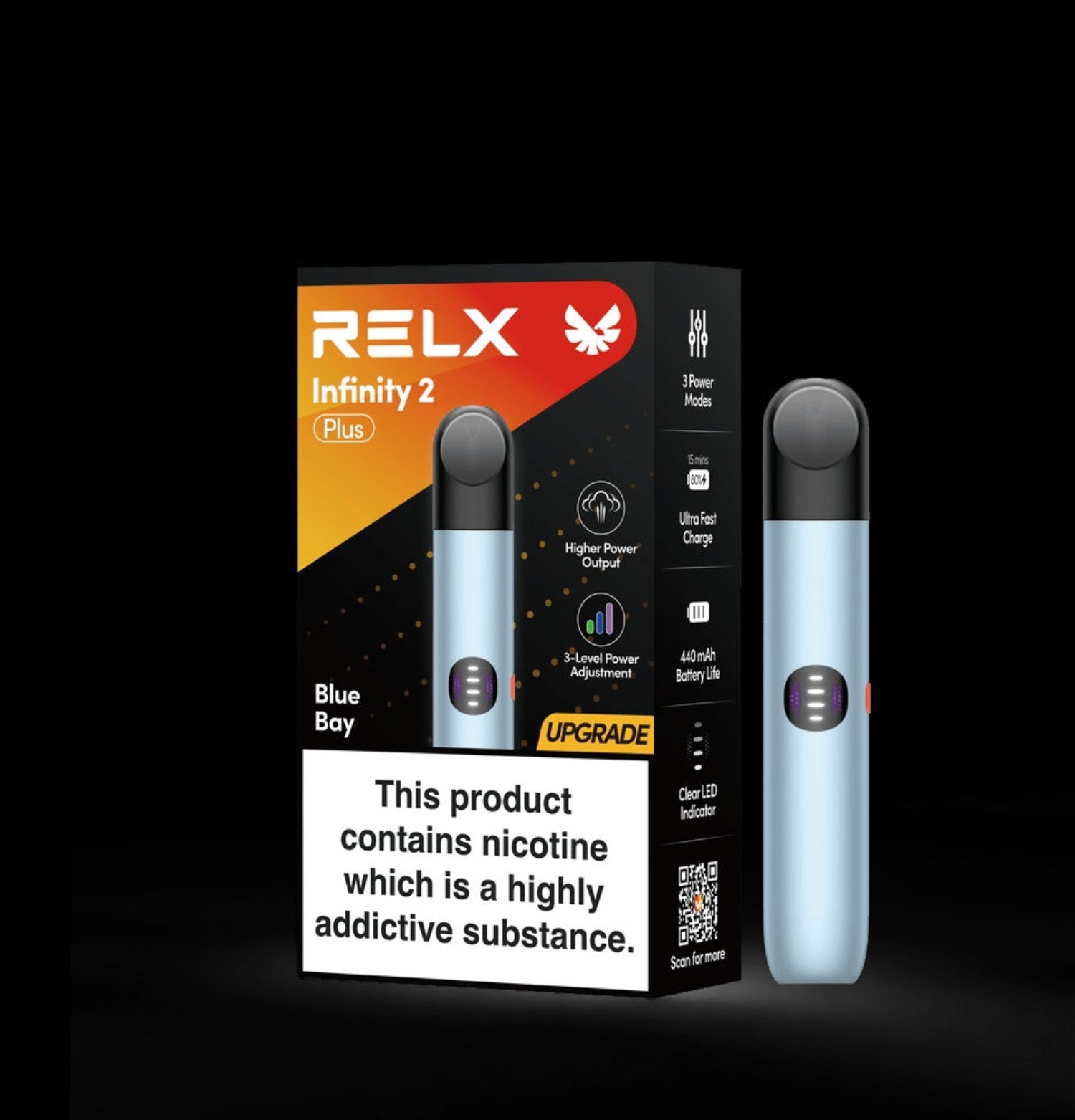 RELX Infinity 2 Blue Bay vaping device and packaging on a black background