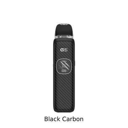 A Uwell Caliburn G5 vape device in black carbon fiber texture, shown vertically against a plain white background with the text 'Black Carbon' underneath.