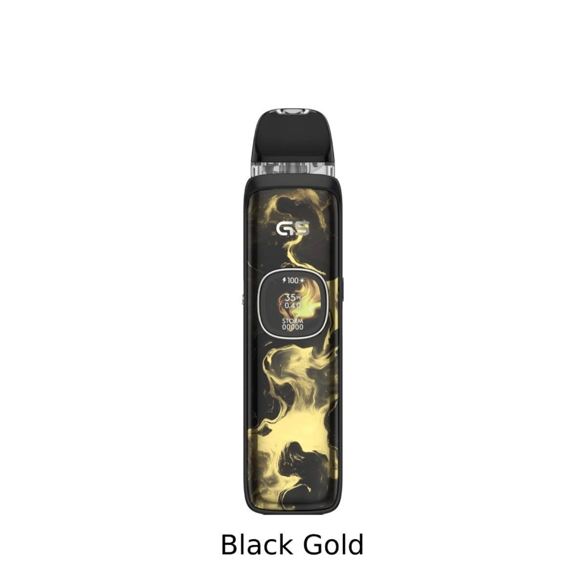 A Uwell Caliburn G5 Black and gold vape device on a white background