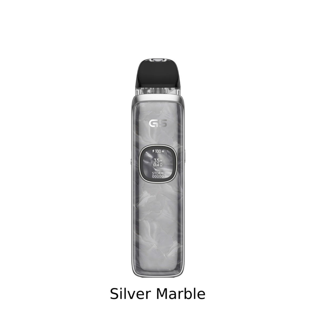 A Uwell Caliburn G5 vape device in the Silver Marble colorway, featuring a marbled silver and white textured body with a black mouthpiece and a digital screen on the front.