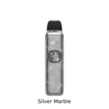 A Uwell Caliburn G5 vape device in the Silver Marble colorway, featuring a marbled silver and white textured body with a black mouthpiece and a digital screen on the front.