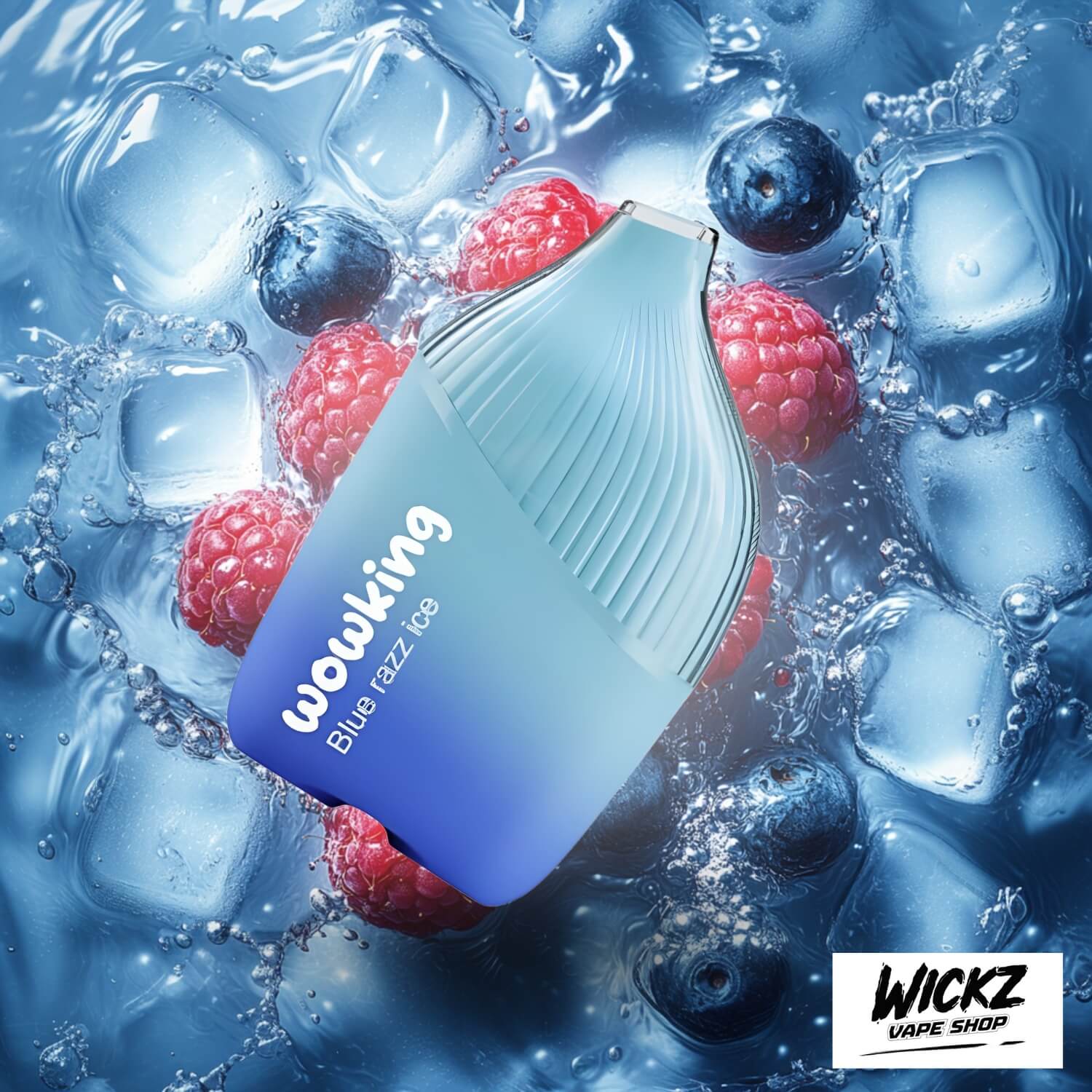 Wowking Disposable - Blue Razz Ice 20mg displayed against a vibrant berry-themed background with frosty elements, emphasizing its refreshing profile.