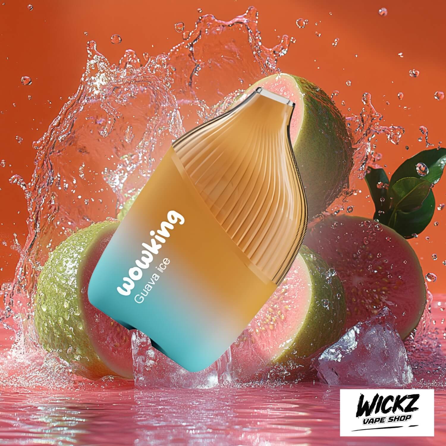 Wowking Disposable - Guava Ice 20mg displayed against a guava-themed background with frosty highlights, emphasizing its tropical and cool profile.