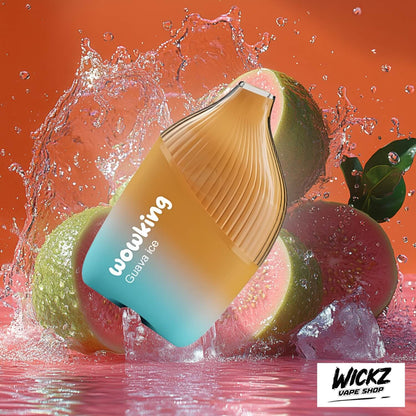 Wowking Disposable - Guava Ice 20mg displayed against a guava-themed background with frosty highlights, emphasizing its tropical and cool profile.