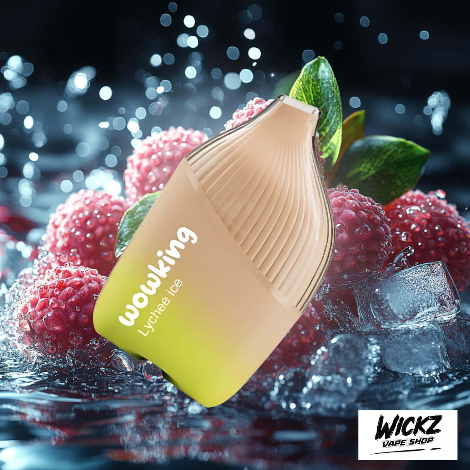 Wowking Disposable - Lychee Ice 20mg displayed against a lychee-themed background with frosty accents, emphasizing its exotic and refreshing profile.