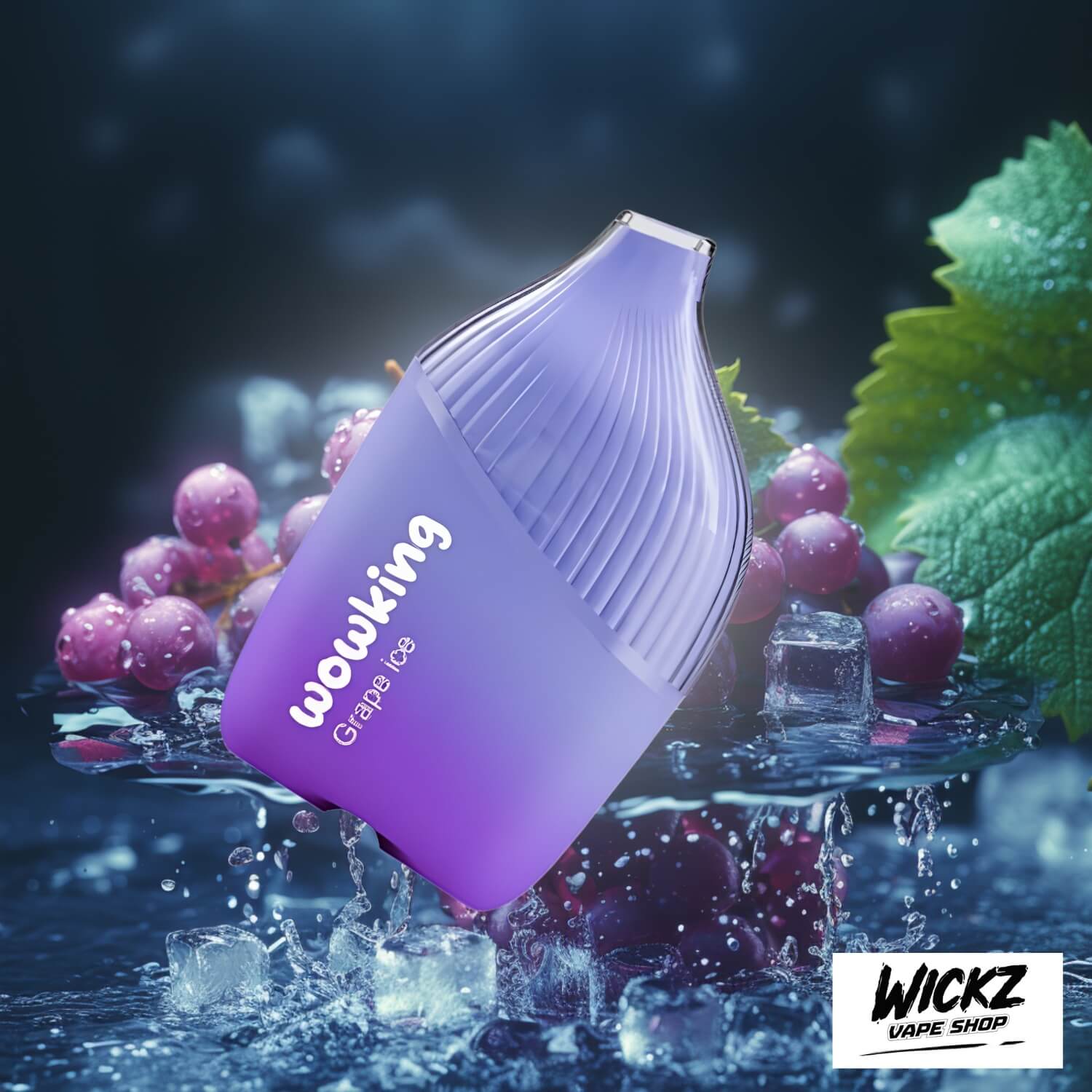 Wowking Disposable - Grape Ice 20mg displayed against a vibrant grape-themed background with frosty highlights, emphasizing its fruity and cool profile.