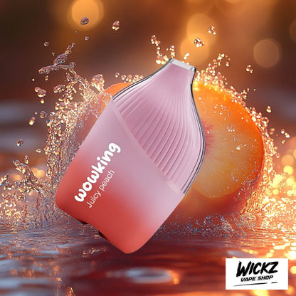 Wowking Disposable - Juicy Peach 20mg displayed against a vibrant peach-themed background, emphasizing its fruity and refreshing profile.