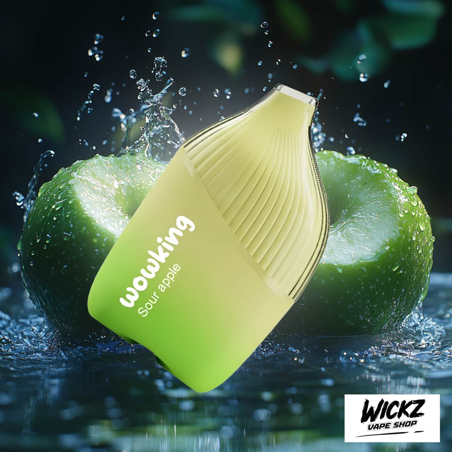 Wowking Disposable - Sour Apple 20mg displayed against a green apple-themed background, emphasizing its vibrant and refreshing profile.