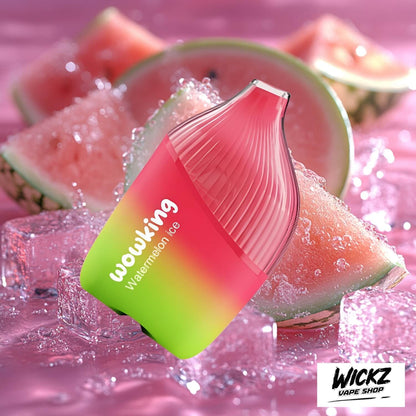 Wowking Disposable - Watermelon Ice 20mg displayed against a watermelon-themed background with frosty highlights, emphasizing its refreshing profile.